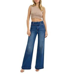 NWT Risen Jeans Tummy Control High Rise Wide Leg Self Belted Jeans Blue 0 / 24